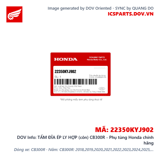 TẤM ĐĨA ÉP LY HỢP (côn) CB300R - Phụ tùng Honda chính hãng