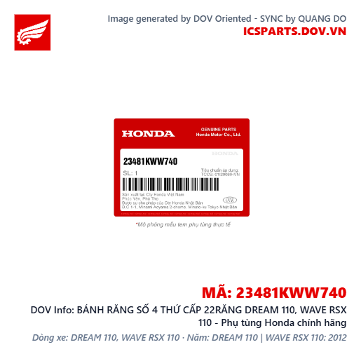 BÁNH RĂNG SỐ 4 THỨ CẤP 22RĂNG DREAM 110, WAVE RSX 110 - Phụ tùng Honda chính hãng