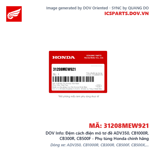 Đệm cách điện mô tơ đề ADV350, CB1000R, CB300R, CB500F - Phụ tùng Honda chính hãng