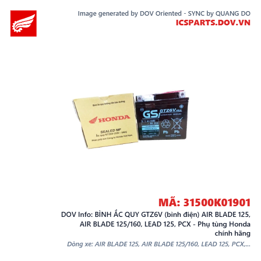 BÌNH ẮC QUY GTZ6V (bình điện) AIR BLADE 125, AIR BLADE 125/160, LEAD 125, PCX - Phụ tùng Honda chính hãng