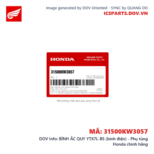 BÌNH ẮC QUY YTX7L-BS (bình điện) - Phụ tùng Honda chính hãng