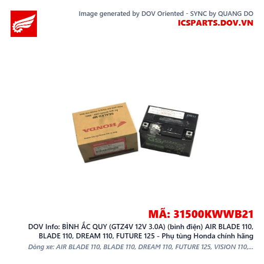 BÌNH ẮC QUY (GTZ4V 12V 3.0A) (bình điện) AIR BLADE 110, BLADE 110, DREAM 110, FUTURE 125 - Phụ tùng Honda chính hãng