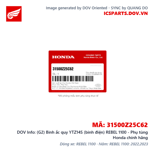 (G2) Bình ắc quy YTZ14S (bình điện) REBEL 1100 - Phụ tùng Honda chính hãng