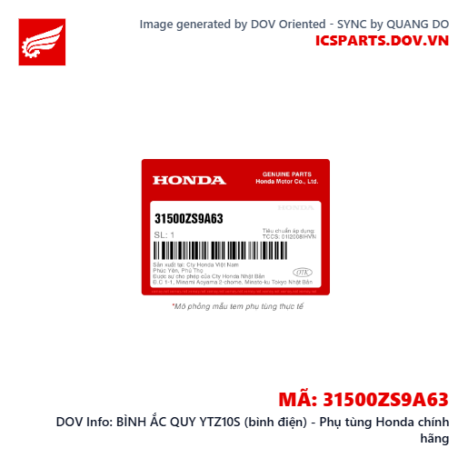 BÌNH ẮC QUY YTZ10S (bình điện) - Phụ tùng Honda chính hãng