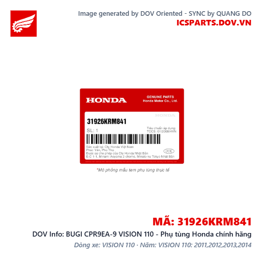 BUGI CPR9EA-9 VISION 110 - Phụ tùng Honda chính hãng