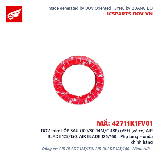 LỐP SAU (100/80-14M/C 48P) (VEE) (vỏ xe) AIR BLADE 125/150, AIR BLADE 125/160 - Phụ tùng Honda chính hãng
