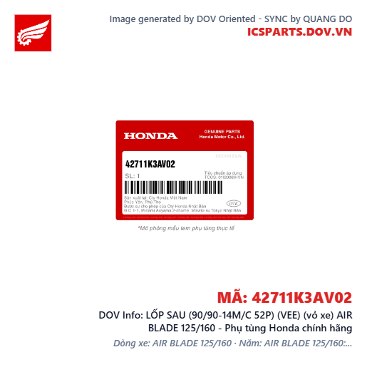 LỐP SAU (90/90-14M/C 52P) (VEE) (vỏ xe) AIR BLADE 125/160 - Phụ tùng Honda chính hãng