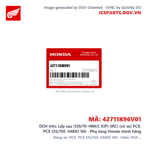 Lốp sau (120/70-14M/C 61P) (IRC) (vỏ xe) PCX, PCX 125/150, VARIO 160 - Phụ tùng Honda chính hãng