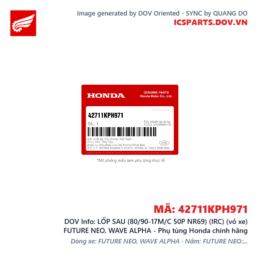 LỐP SAU (80/90-17M/C 50P NR69) (IRC) (vỏ xe) FUTURE NEO, WAVE ALPHA - Phụ tùng Honda chính hãng