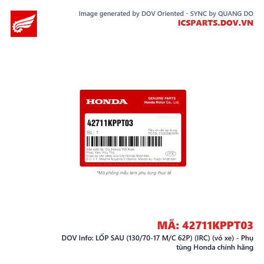 LỐP SAU (130/70-17 M/C 62P) (IRC) (vỏ xe) - Phụ tùng Honda chính hãng