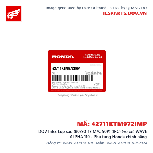 Lốp sau (80/90-17 M/C 50P) (IRC) (vỏ xe) WAVE ALPHA 110 - Phụ tùng Honda chính hãng