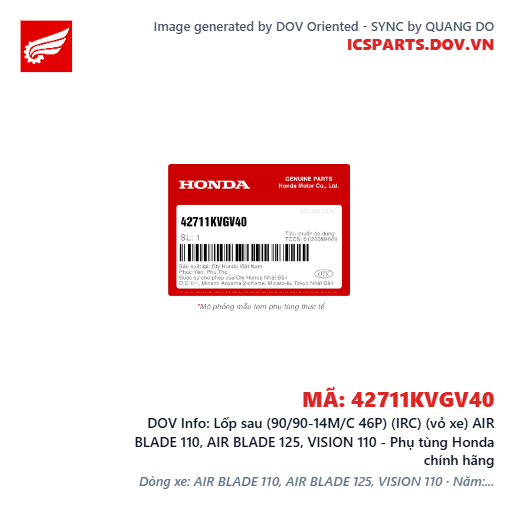 Lốp sau (90/90-14M/C 46P) (IRC) (vỏ xe) AIR BLADE 110, AIR BLADE 125, VISION 110 - Phụ tùng Honda chính hãng