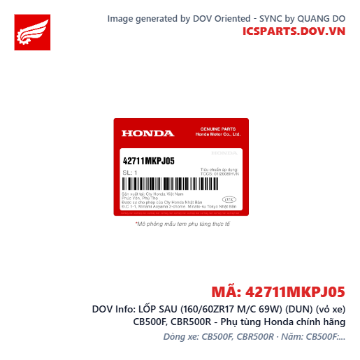 LỐP SAU (160/60ZR17 M/C 69W) (DUN) (vỏ xe) CB500F, CBR500R - Phụ tùng Honda chính hãng