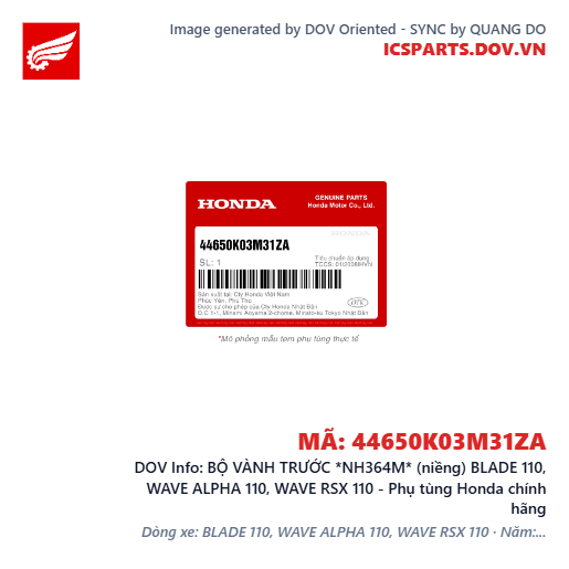 BỘ VÀNH TRƯỚC *NH364M* (niềng) BLADE 110, WAVE ALPHA 110, WAVE RSX 110 - Phụ tùng Honda chính hãng