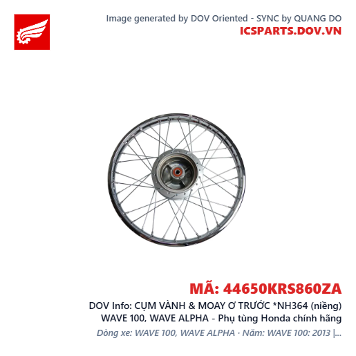 CỤM VÀNH & MOAY Ơ TRƯỚC *NH364 (niềng) WAVE 100, WAVE ALPHA - Phụ tùng Honda chính hãng