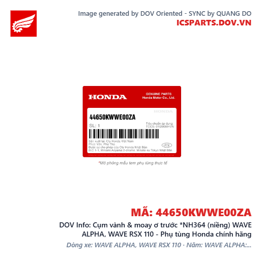 Cụm vành & moay ơ trước *NH364 (niềng) WAVE ALPHA, WAVE RSX 110 - Phụ tùng Honda chính hãng