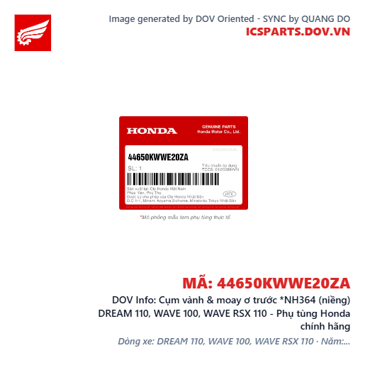 Cụm vành & moay ơ trước *NH364 (niềng) DREAM 110, WAVE 100, WAVE RSX 110 - Phụ tùng Honda chính hãng