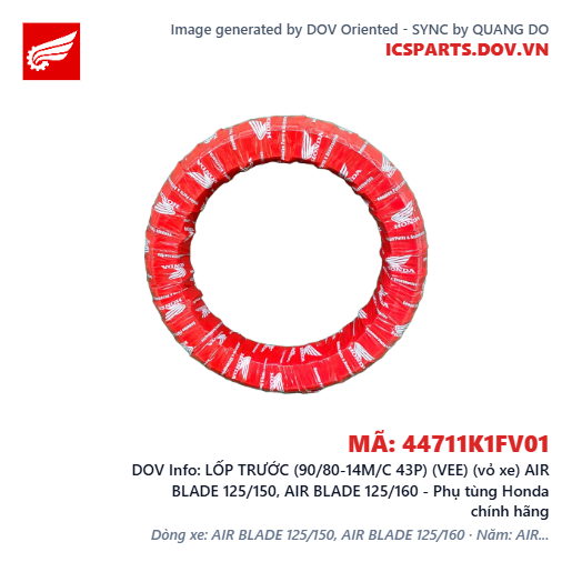 LỐP TRƯỚC (90/80-14M/C 43P) (VEE) (vỏ xe) AIR BLADE 125/150, AIR BLADE 125/160 - Phụ tùng Honda chính hãng