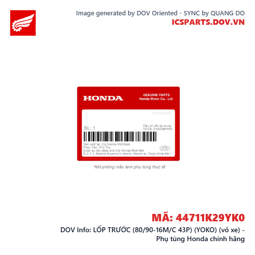 LỐP TRƯỚC (80/90-16M/C 43P) (YOKO) (vỏ xe) - Phụ tùng Honda chính hãng
