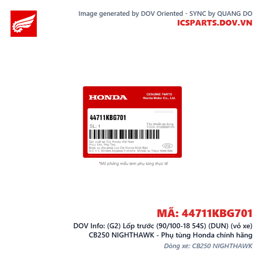 (G2) Lốp trước (90/100-18 54S) (DUN) (vỏ xe) CB250 NIGHTHAWK - Phụ tùng Honda chính hãng