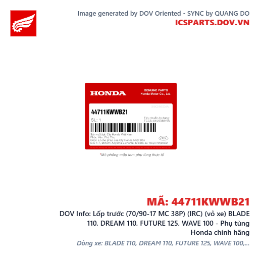 Lốp trước (70/90-17 MC 38P) (IRC) (vỏ xe) BLADE 110, DREAM 110, FUTURE 125, WAVE 100 - Phụ tùng Honda chính hãng