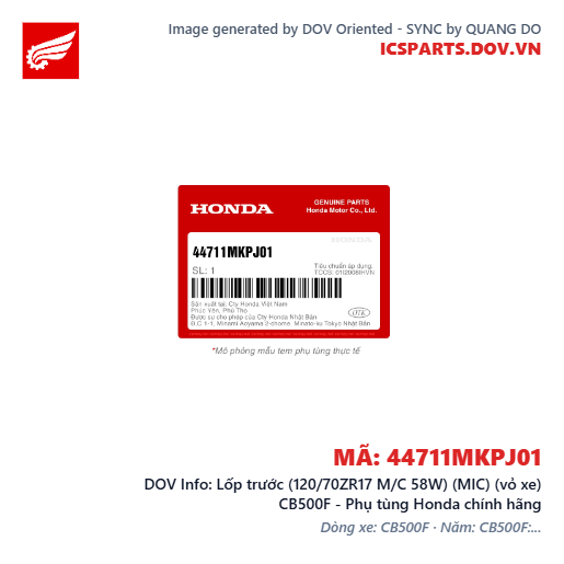 Lốp trước (120/70ZR17 M/C 58W) (MIC) (vỏ xe) CB500F - Phụ tùng Honda chính hãng