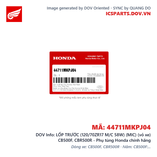 LỐP TRƯỚC (120/70ZR17 M/C 58W) (MIC) (vỏ xe) CB500F, CBR500R - Phụ tùng Honda chính hãng