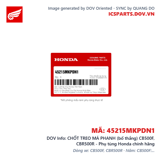 CHỐT TREO MÁ PHANH (bố thắng) CB500F, CBR500R - Phụ tùng Honda chính hãng