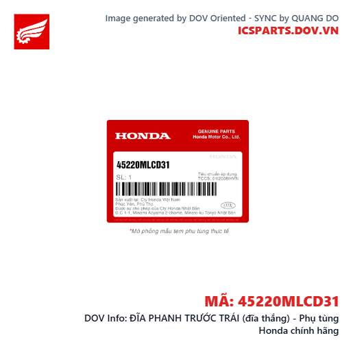 ĐĨA PHANH TRƯỚC TRÁI (đĩa thắng) - Phụ tùng Honda chính hãng