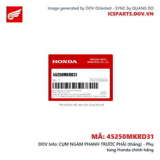 CỤM NGÀM PHANH TRƯỚC PHẢI (thắng) - Phụ tùng Honda chính hãng