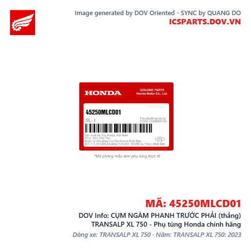 CỤM NGÀM PHANH TRƯỚC PHẢI (thắng) TRANSALP XL 750 - Phụ tùng Honda chính hãng