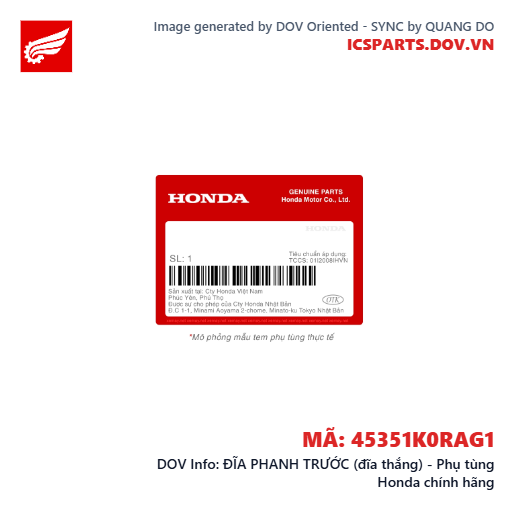ĐĨA PHANH TRƯỚC (đĩa thắng) - Phụ tùng Honda chính hãng