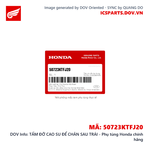 TẤM ĐỠ CAO SU ĐỂ CHÂN SAU TRÁI - Phụ tùng Honda chính hãng