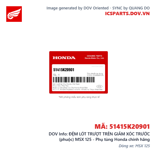 ĐỆM LÓT TRƯỢT TRÊN GIẢM XÓC TRƯỚC (phuộc) MSX 125 - Phụ tùng Honda chính hãng
