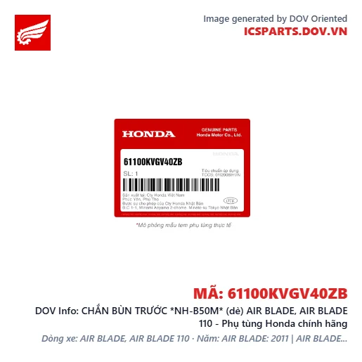 CHẮN BÙN TRƯỚC *NH-B50M* (dè) AIR BLADE, AIR BLADE 110 - Phụ tùng Honda chính hãng