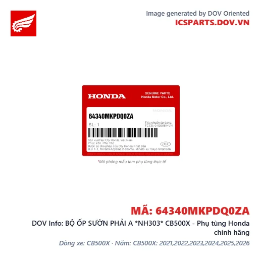 BỘ ỐP SƯỜN PHẢI A *NH303* CB500X - Phụ tùng Honda chính hãng