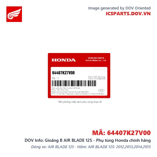 Gioăng B AIR BLADE 125 - Phụ tùng Honda chính hãng