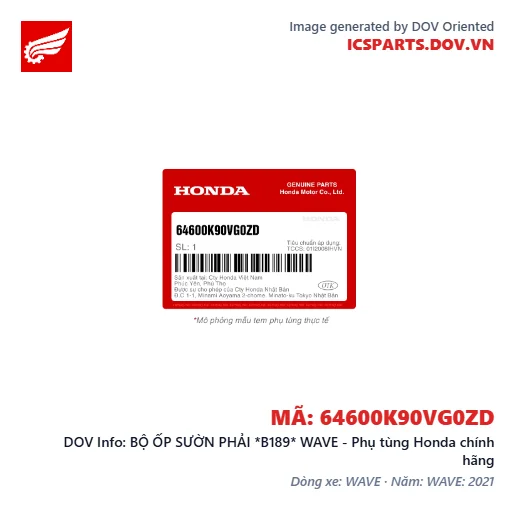 BỘ ỐP SƯỜN PHẢI *B189* WAVE - Phụ tùng Honda chính hãng
