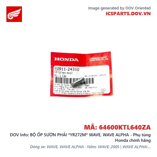 BỘ ỐP SƯỜN PHẢI *YR272M* WAVE, WAVE ALPHA - Phụ tùng Honda chính hãng