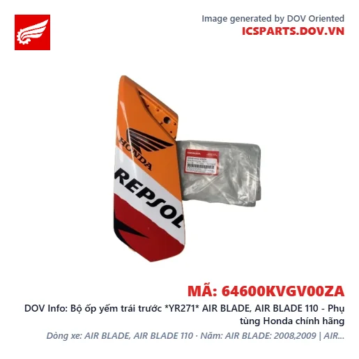 Bộ ốp yếm trái trước *YR271* AIR BLADE, AIR BLADE 110 - Phụ tùng Honda chính hãng