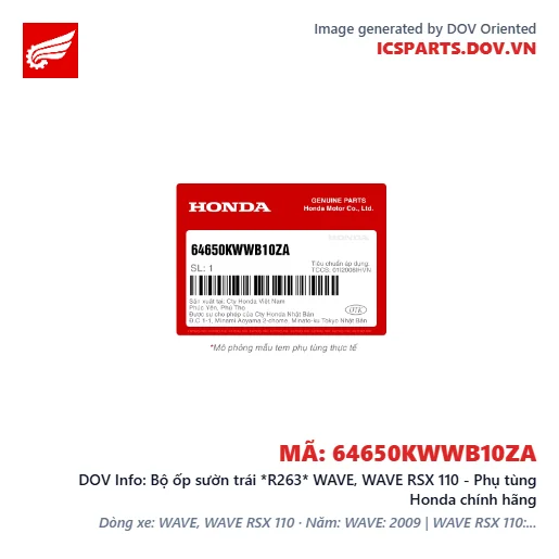 Bộ ốp sườn trái *R263* WAVE, WAVE RSX 110 - Phụ tùng Honda chính hãng
