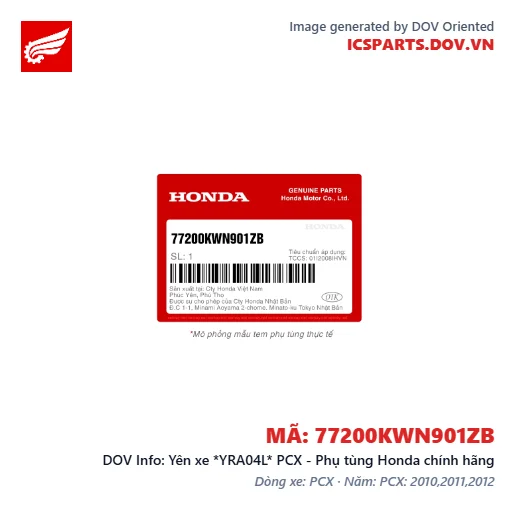 Yên xe *YRA04L* PCX - Phụ tùng Honda chính hãng