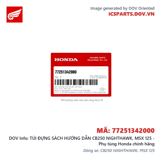 TÚI ĐỰNG SÁCH HƯỚNG DẪN CB250 NIGHTHAWK, MSX 125 - Phụ tùng Honda chính hãng