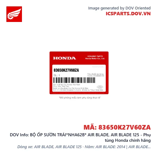 BỘ ỐP SƯỜN TRÁI*NHA62B* AIR BLADE, AIR BLADE 125 - Phụ tùng Honda chính hãng