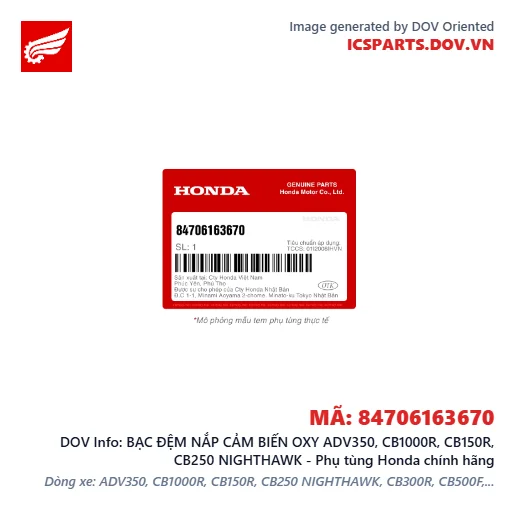 BẠC ĐỆM NẮP CẢM BIẾN OXY ADV350, CB1000R, CB150R, CB250 NIGHTHAWK - Phụ tùng Honda chính hãng