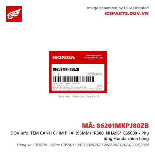 TEM CÁNH CHIM PHẢI (95MM) *R380, NHA96* CB500X - Phụ tùng Honda chính hãng