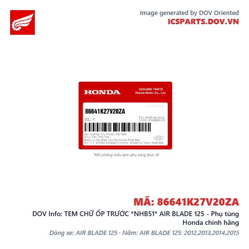 TEM CHỮ ỐP TRƯỚC *NHB51* AIR BLADE 125 - Phụ tùng Honda chính hãng