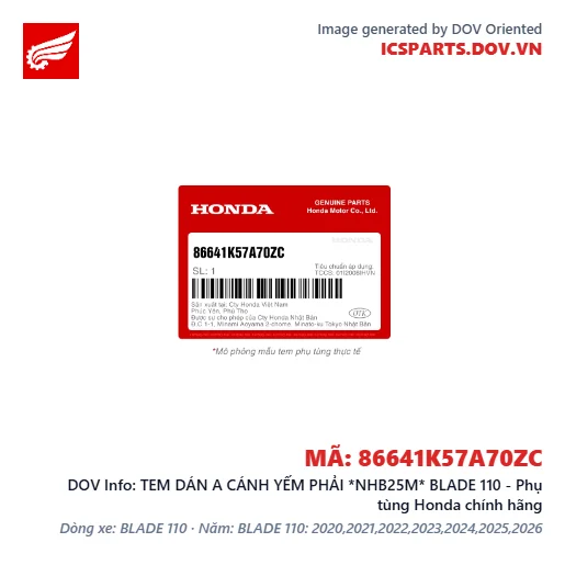 TEM DÁN A CÁNH YẾM PHẢI *NHB25M* BLADE 110 - Phụ tùng Honda chính hãng