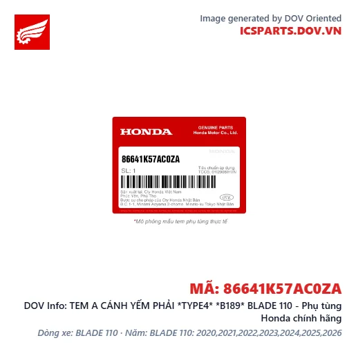 TEM A CÁNH YẾM PHẢI *TYPE4* *B189* BLADE 110 - Phụ tùng Honda chính hãng