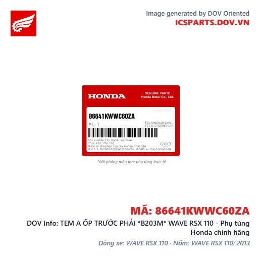TEM A ỐP TRƯỚC PHẢI *B203M* WAVE RSX 110 - Phụ tùng Honda chính hãng